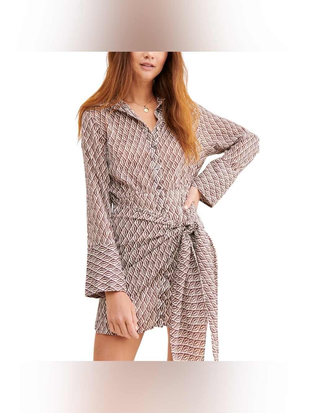 Free People Rilla Button Down Shirt Dress W/ Geometric Pattern Size Medium